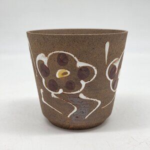 Handcrafted Ceramic Brown Floral Planter Pot With Glazed Flowers 3.5" Tall